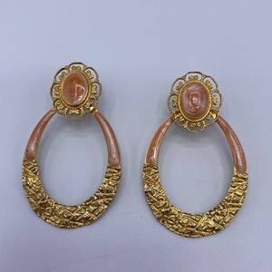 Vintage Women's Golden Enamel Oval Floral Statement Earrings